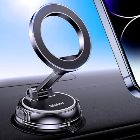Blukar Car Phone Holder for MagSafe, [20xN52 Strong Magnets] Magnetic Car Phone Mount Cradle -360° Rotation, Stable Phone Holder with Suction Cup for iPhone 16/15/14 & Others with Metal Plate-Silver Cover