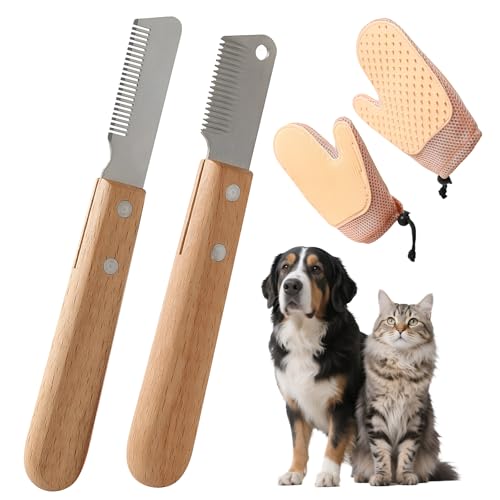 Trimmmesser Set für Hunde & Katzen, 2-Teiliger Satz Trimmmesser für Hunde mit Holzgriff + Tierhaarentferner Handschuh, Messer Hundekamm Trimmkamm Feiner & Grober Kamm Werkzeug für Haustierpflege