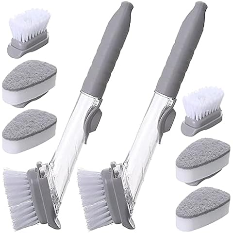 3-in-1 Cleaning Brush,Jicyor 8pcs Replacement Dish Scrubbe with 2Handle 4 brush 4 Sponge Brushes Can be hung Soap Dispensing Dish Brush for Kitchen Household Pot Sink Bowl Cover