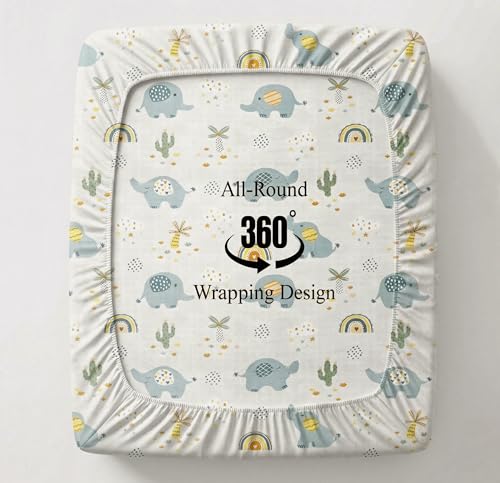 Image of VAS COLLECTIONS Single Bed Fitted Bedsheet 36x72+8 Inches with 1 Pillow Cover | 180 TC Microfiber Elastic Bed Sheet | Soft Breathable Cute Printed Design for Kids & Couples (Kid Elephant Print)