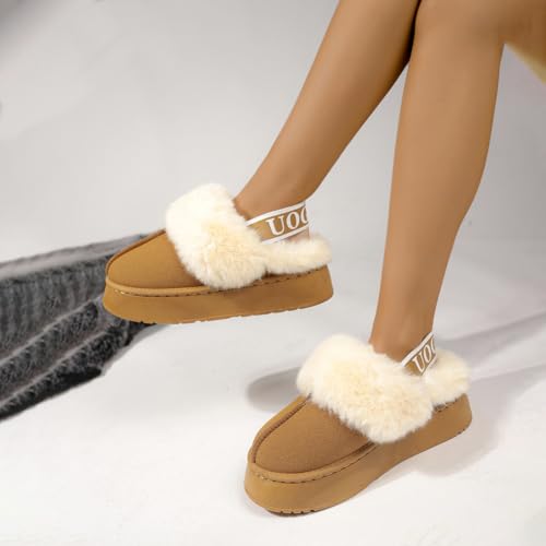Women's Fuzzy Slippers Plush Lining Platform Slipper Slip on Fluffy Boots with Elastic Band Winter House Shoes Indoor and Outdoor4