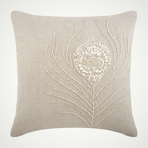 The HomeCentric Naturfarben Werfen Kissenbezuge, Pfauenfeder Mother of Pearls 2 Stück, 50x50 cm Blumen Zeitgenossisch Kissen Fälle, Platz Baumwolle Leinen Werfen Kissen - Pearly Peacock Feather