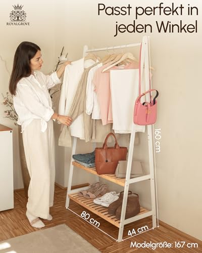 RoyalGrove® Kleiderständer mit 2 Ablagen aus Bambus weiß, Garderobenständer mit stabiler Kleiderstange, Garderobe mit Schuhregal, für Flur, Schlafzimmer, 160 x 80 x 44 cm (Weiß)