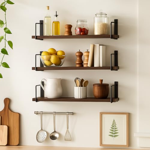 Image of Dime Store Engineered Wood Wall Shelf Floating Wall Mounted Shelf with Metal Brackets for Living Room, Bedroom & Office | Multipurpose Display Rack for Books, Plants, Decor & Storage (Brown)