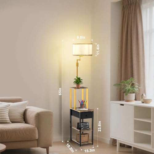 Image of Lightdot Floor Lamp with Shelves&Drawer, Modern Standing Lamp with 350 Adjustable Lamp Head, Fabric Shade& Bulb Included, Display Corner Floor Lamp for Living Room /Sofa Beside /Corner Decor