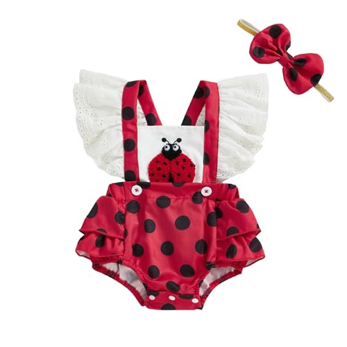 Image of Douhoow Baby Girl Valentines Romper Flying Sleeves Ladybug Baby Girl Bodysuit Spring Summer Festival Clothes (White, 3-6 Months)