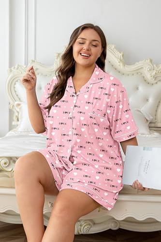 Image of Vozanet Women's Plus Size Button Down Pajamas Soft Lounge Sets Shorts with Pockets Bride Nighty Solid Soft Pjs 1x to 5x