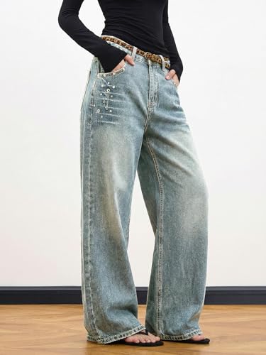Image of EMMIOL Women Hip Hop 90s Vintage Baggy Jeans Denim Pants Mid Waist Jeans