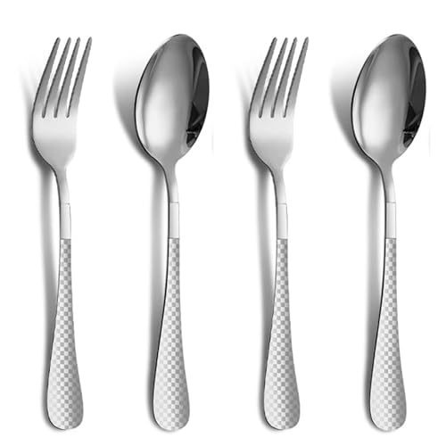 Image of Sterling Silver 4-Piece Cutlery Set - 2 Tablespoons & 2 Dinner Forks (8.1 inch) with Checks Printed Handles, Durable Stainless Steel Tableware, Ideal for Home, Restaurant, and Gifting