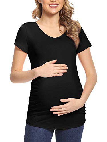 Glamix Women's Maternity Tops 3 Pack V Neck Pregnancy Shirts Short Sleeve Basic Side Ruched Mama Clothes #TOP2
