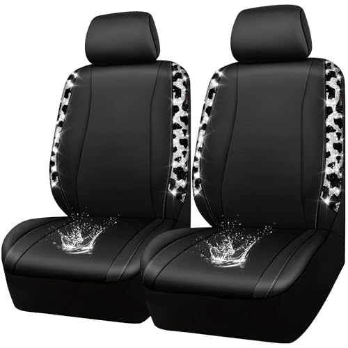 Image of CAR PASS Cow Diamond Leather Bling Car Seat Covers Universal, Faux Shining Rhinestones Two Front only, Fit 95% Automotive Glitter Crystal Sparkle Strips for Cute Women Girl, 2PCS Cow Silver Diamond