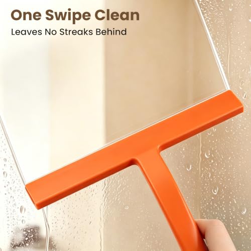 Image of 10 Inch Silicone Shower Squeegee for Glass Doors, Streak-Free, Orange | No-Squeak Silicone Blade, Ergonomic Round Grip and Built-In Hook for Quick Daily Cleaning of Shower Glass, Tile and Windows
