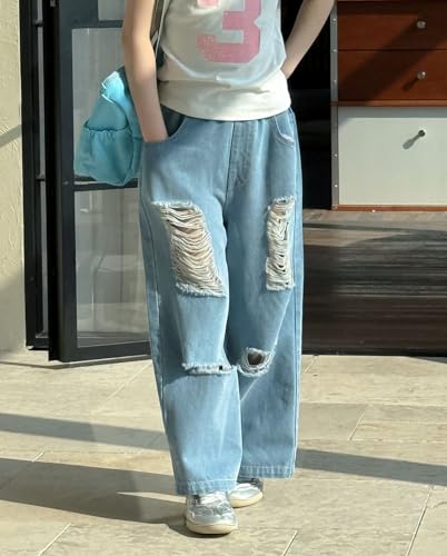 Girls Elastic Waist Ripped Jeans Cute Baggy Hole Jeans Wide Leg Distressed Denim Pants with Pockets4