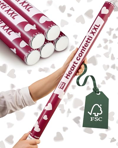 Partyjoker Lot de 5 Canons à Confettis Coeurs Blanc XXL pour Mariage - Extra Large et Extra Beaucoup de Confettis - Confettis FSC - Jet de Confettis de 5 à 8 Mètres