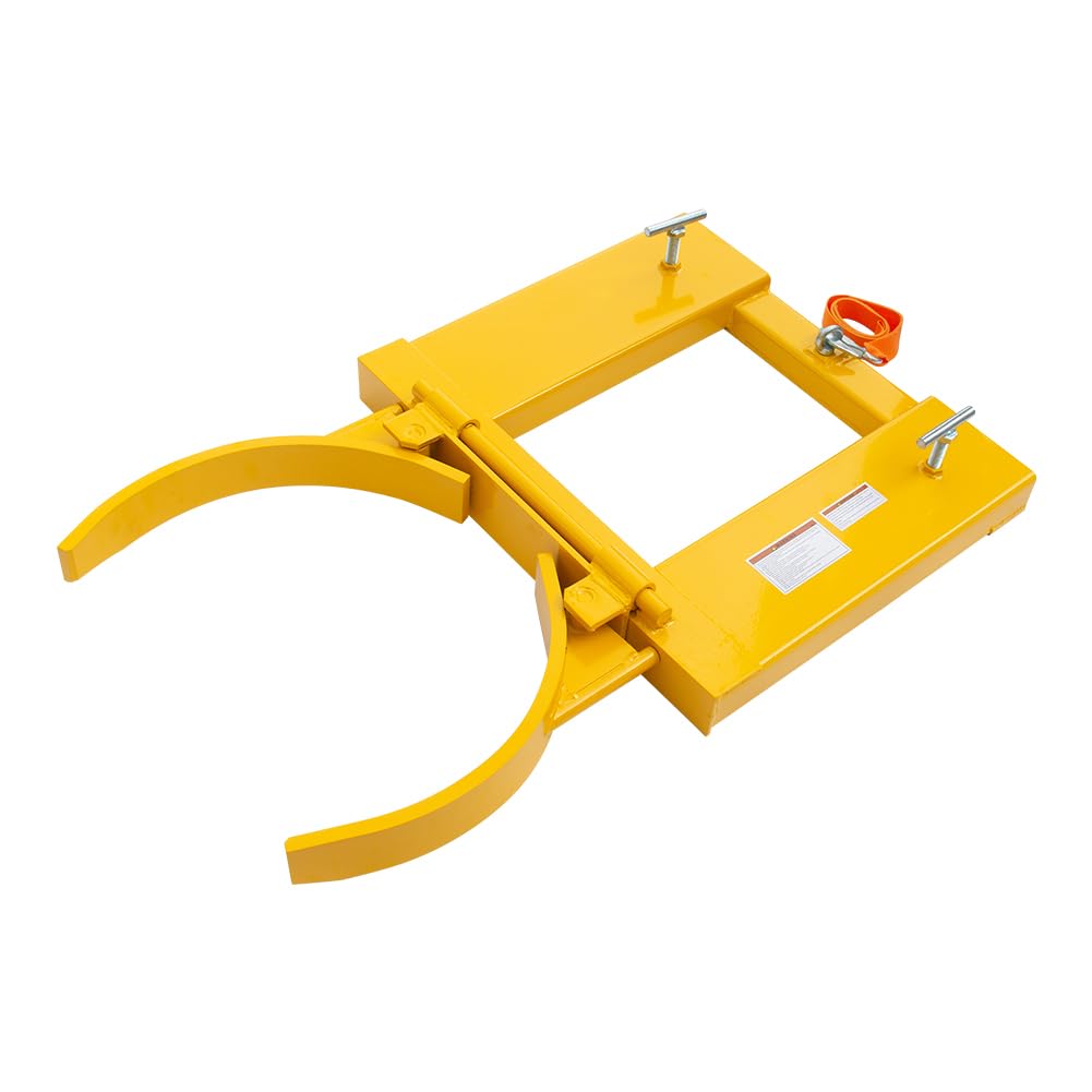 Drum Grabber 1500lbs Capacity Single Fork Mounted Drum Gripper, Hinged Folding Arm Design for 55 Gallon Drums up to 22.4" Diameter, Yellow