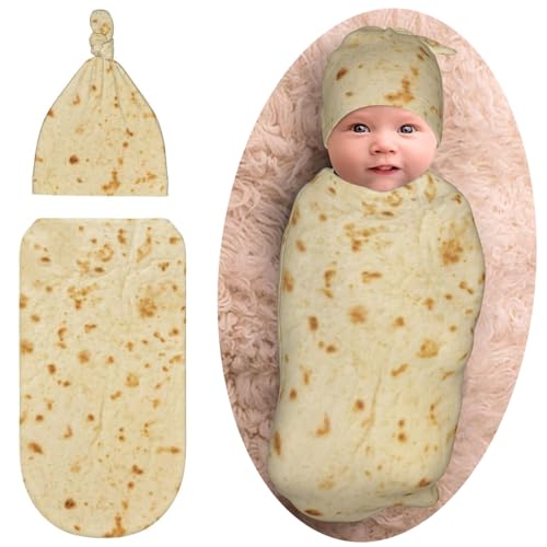 Image of WELBB Burrito Tortilla Baby Girl Boy Gifts Newborn Swaddle Blanket with Beanie Hat Set Personalized Stretchy Receiving Blankets Newborn Essentials, for Girls Boys