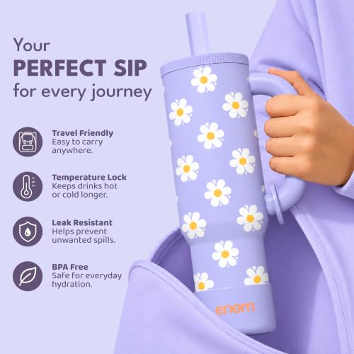 Image of enem Lilac Bloom Plugged Straw Tumbler with Handle, Stainless Steel Large Travel Mug Water Cup, Mug Travel with 1 Metal Ice Cube, 1 Copper Spring (Tamba) & Base Protector, 1.2L