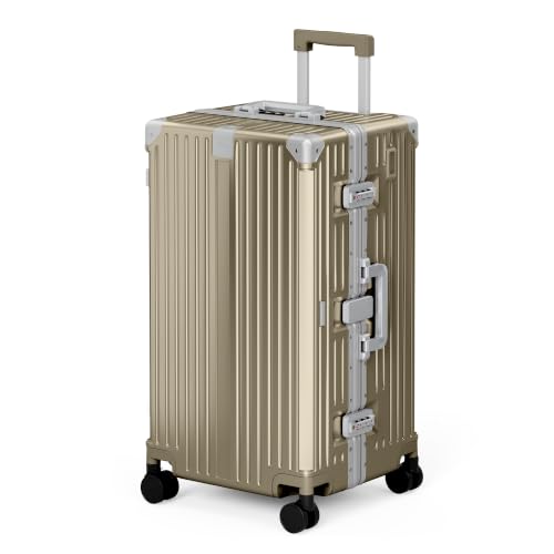 Image of ALPHA CAMP Trunk Luggage 26 Inch with Aluminum Frame Zipperless Suitcase | Checked Thickened 3-Layer PC Hardshell Luggage with TSA Lock,Charging Port,Cup Holder and Spinner Wheels for Holiday Travel