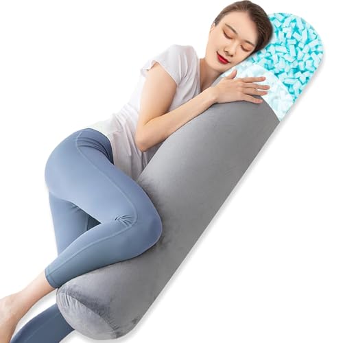 Almohada corporal, almohada redonda de espuma viscoelástica para adultos, cojín largo y fijo para cama, cojín cilíndrico con funda de terciopelo (gris, 120 x 20 cm)