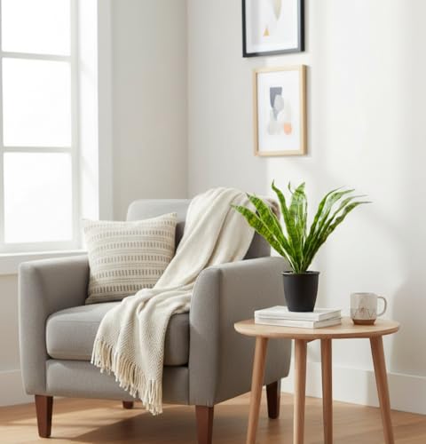 Image of Foliyaj Artificial Snake Plant with Black Pot with Embedded Brown Stones | 38 cm Tall | Plants for Home Decor | Indoor Plants for Living Room