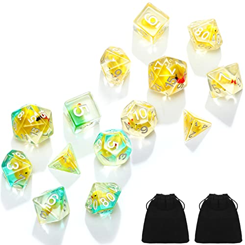 Kathfly 14 Die Rubber Ducks Dice, Resin Polyhedral Dice Set Filled with Animal, Ice Cool Rubber Ducks Translucent Cute Playing Toy with 2 Black Pouches for Board Game, Green, Yellow