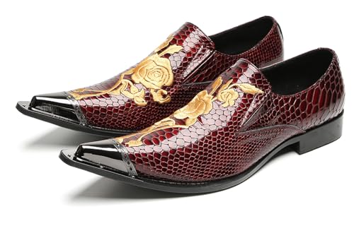 Santimon Men's Slip-On Shoes Dress Casual Loafers - Embroidered Rose Snake Pattern Patent Leather Mocasines for Formal Party Prom Wedding Disco