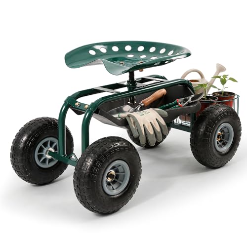 Sekey Gartensitz mit Rollen bis 180kg - Rollsitz für Gartenarbeit im Gewächshaus & Beet - Ø 25,5cm Luftreifen - 360° Drehbarer Gartenrollsitz zum Ernten & Gartenpflege - Profi Gartenhelfer mit Ablage