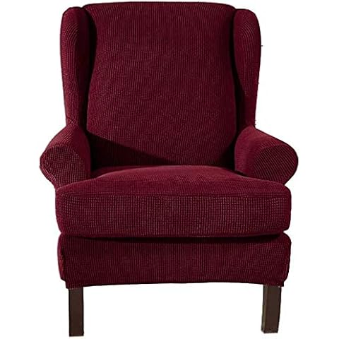 WOOPOWER 2-Pieces Spandex Waffle Damask Elastic Arm Chairs Wingback Chair Cover, Waffle Fabric Wing Back Furniture Protector, Stretch Sofa Slipcovers for Living Room (Wine Red) Cover