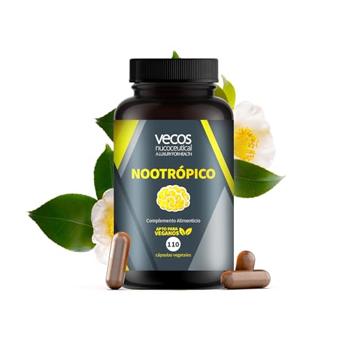 VECOS | Nootrópico Natural | 110 Cápsulas | Incremento Energético, Concentración y Agilidad Mental | Cafeína, Ginko Biloba, Ashwagandha, Tirosina, Teanina Bacopa Monnieri y Vitamina B12 y B6