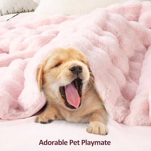 JONIYEAR Decorative Large Pink Bubble Faux Rabbit Fur Bed Blanket Full Size 70" x 80",Double Sided Soft Cozy Accent Warm Furry Blanket for Winter,Lovely Cute Big Washable Fuzzy Blankets for Women Girl
