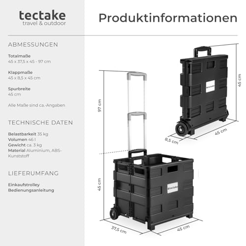 tectake® Einkaufswagen, Trolley Einkaufstrolley klappbar bis 35 kg, Handwagen Einkaufskorb mit...