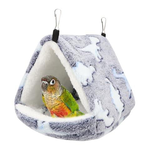 Hypeety Winter Warm Bird Nest Triangle Cotton Nest Warm and Thick Bird Shed Hut Plush Fluffy Parrot Hanging Hammock Bird Hideaway for Parrot Budgies Parakeets Cockatiels Conures Hamster (Grey, L) Cover