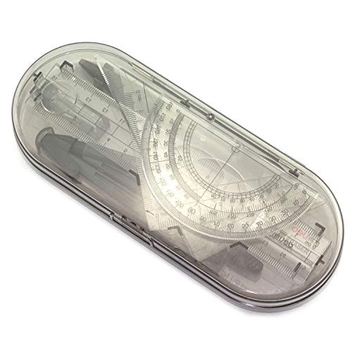 Partstock 8pcs Portable Math Study Tool School Geometry Drawing Set - Compass Ruler Protractor Pencil Essentials with Storage Box