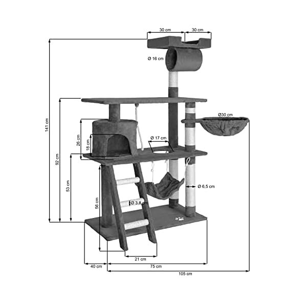 tectake Katzen Kratzbaum, Katzenbaum, Kletterbaum, 141cm hoch, Katzenhaus Indoor mit Hängematte, Höhle, Spielseil und Treppe, Plüsch Sisal, Katzen Kratzmöbel mit Spielzeug, extra breit - schwarz – Bild 7
