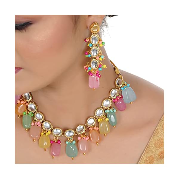 LUCKY JEWELLERY Back Meenakari 18k Gold Plated Multicolor Tika Earring Combo Jewellery Set Uncut Kundan Big Faux Kundan Dibbi Kundan Choker Necklace Set for Girl's & Women - Image 8