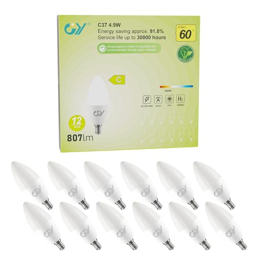 GY 4.9W Bombilla Led E14 Luz Calida 3000K, 807 Lúmenes, No Regulable - Clase C Bombilla Bajo Consumo, C37 Bombillas E14 LED Vela Pack de 12