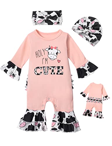 Image of AGAPENG Newborn Girl Clothes Ruffle Letter Print Romper Infant Bell Bottom Jumpsuit Boho Baby Girl Clothes with Headband Hat