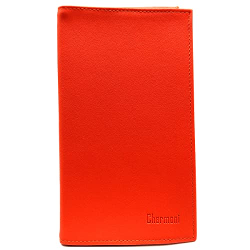 Charmoni - Capheny - Etui Porte chéquier Talon en Haut - 2 emplacements Porte Carte crédit - pièce d'identité - Cuir Vachette - 11 cm X 19 cm (Orange) Cover