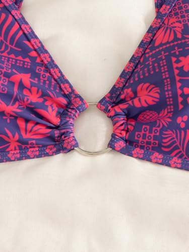 Image of Fanuerg Women's Triangle Bikini Sets O Ring Linked Two Piece Swimsuits Floral Printed Cheeky Bathing Suit