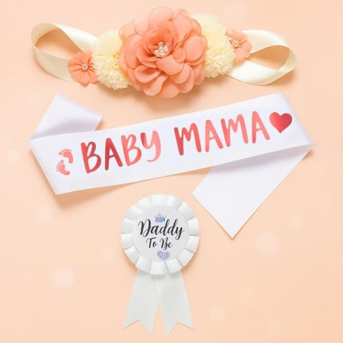 Image of Wanna Party Mom to Be Sash Baby Shower Decorations Set,Maternity Belly band, Mom to be Sash and Dad to Be Pin Badge-Party Gift for Baby Shower Gifts for Expectant Parents