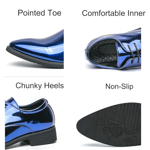 Mens Retro Shiny Patent Leather Lace-Up Dress Oxfords Shoes Pointed Toe Chunky Heels Non-Slip Casual Shoes for Business Casual Dress Prom Party2
