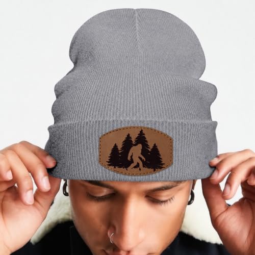 Image of Big Foot Beanie Hat, Sasquatch Leather Patch Winter Knit Skull Cap Bigfoot Gifts for Adult Men Women