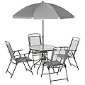 Outsunny 6 Piece Patio Dining Set for 4 with Umbrella, Outdoor Table and Chairs with 4 Folding Dining Chairs & Round Glass Table for Garden, Backyard and Poolside, Gray