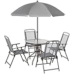 Outsunny 6 Piece Patio Dining Set for 4 with Umbrella, Outdoor Table and Chairs with 4 Folding Dining Chairs & Round Glass Table for Garden, Backyard and Poolside, Gray