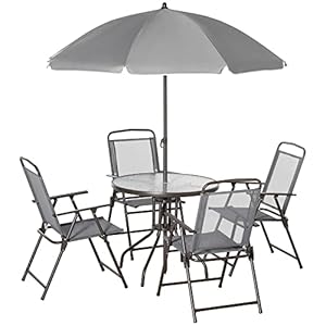 Outsunny 6 Piece Patio Dining Set for 4 with Umbrella, Outdoor Table and Chairs with 4 Folding Dining Chairs & Round Glass Table for Garden, Backyard and Poolside, Gray