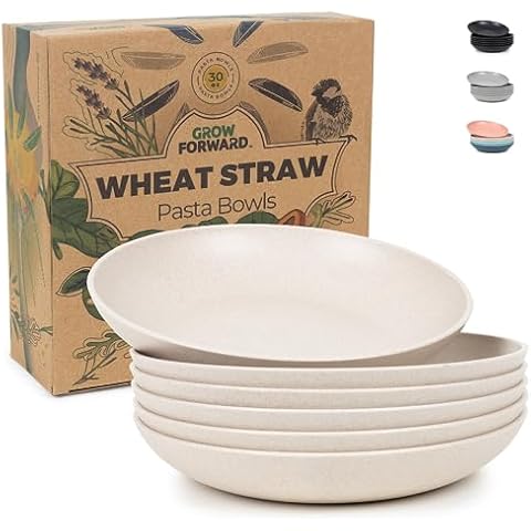 Grow Forward Premium Wheat Straw Pasta Bowls - 30oz Unbreakable Wide & Shallow Dinner Plate Bowls Set of 6 - Microwave Safe Reusable Plastic Pasta Bowls for Kids, Adults, Salad, Camping, RV - Sahara Cover