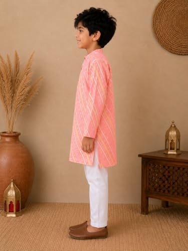 Image of superminis Cotton Boys Sanganeri Lehariya Printed Kurta Set with White Pyjama Elastic Closure