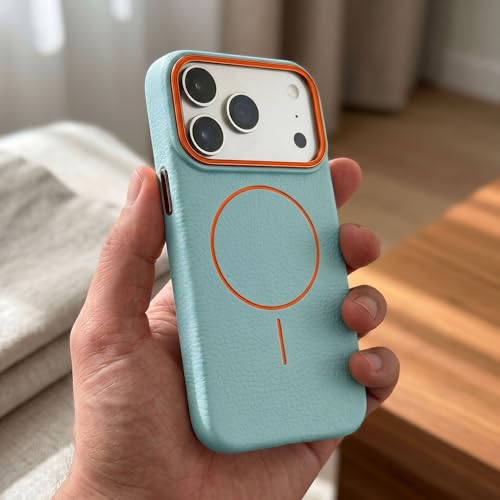 Image of amazon basics Luxury MagSafe Compatible Leather Texture Back Cover for iPhone 17 Pro Max | Raised Camera Protection | Slim Fit Shockproof Case with Metallic Accents (Light Blue)