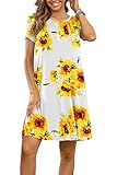 DUSDIMON Women's Summer Casual Tshirt Dresses Short Sleeve Cover ups Beach Loose Dress(Sunflower Whi