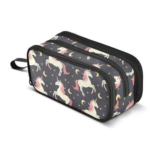 Reiacy Estuche negro con diseño de unicornio y luna para niños y niñas, bolsa de gran capacidad con 3 compartimentos, organizador de papelería, estuche para marcador para escuela, oficina, trabajo